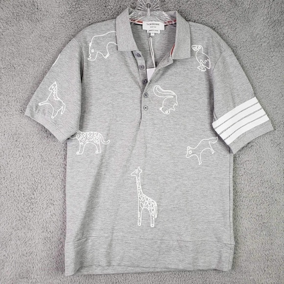 Thom Browne Gray Polo Shirt Embroidered Short Sleeve Size 1 Small - Picture 2 of 16